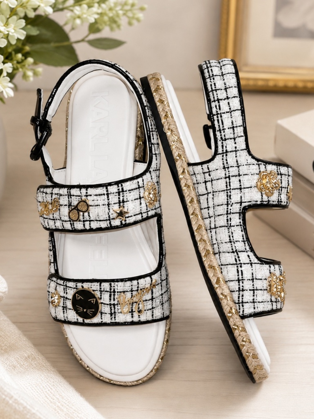 *New* Karl Lagerfeld Charlay Ankle Strap Tweed W/ Charms Sandals